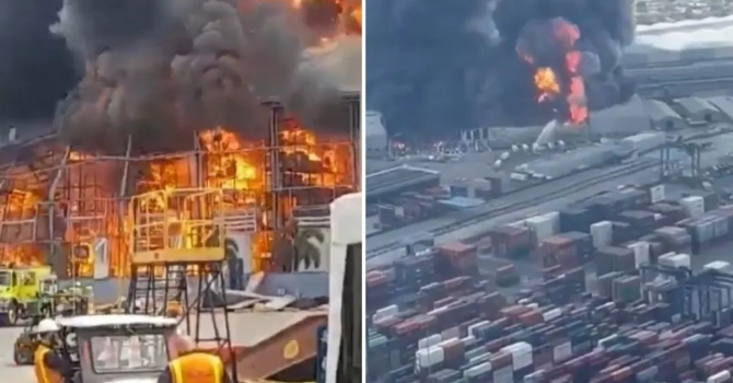 哥伦比亚集装箱船埠爆炸引发大火